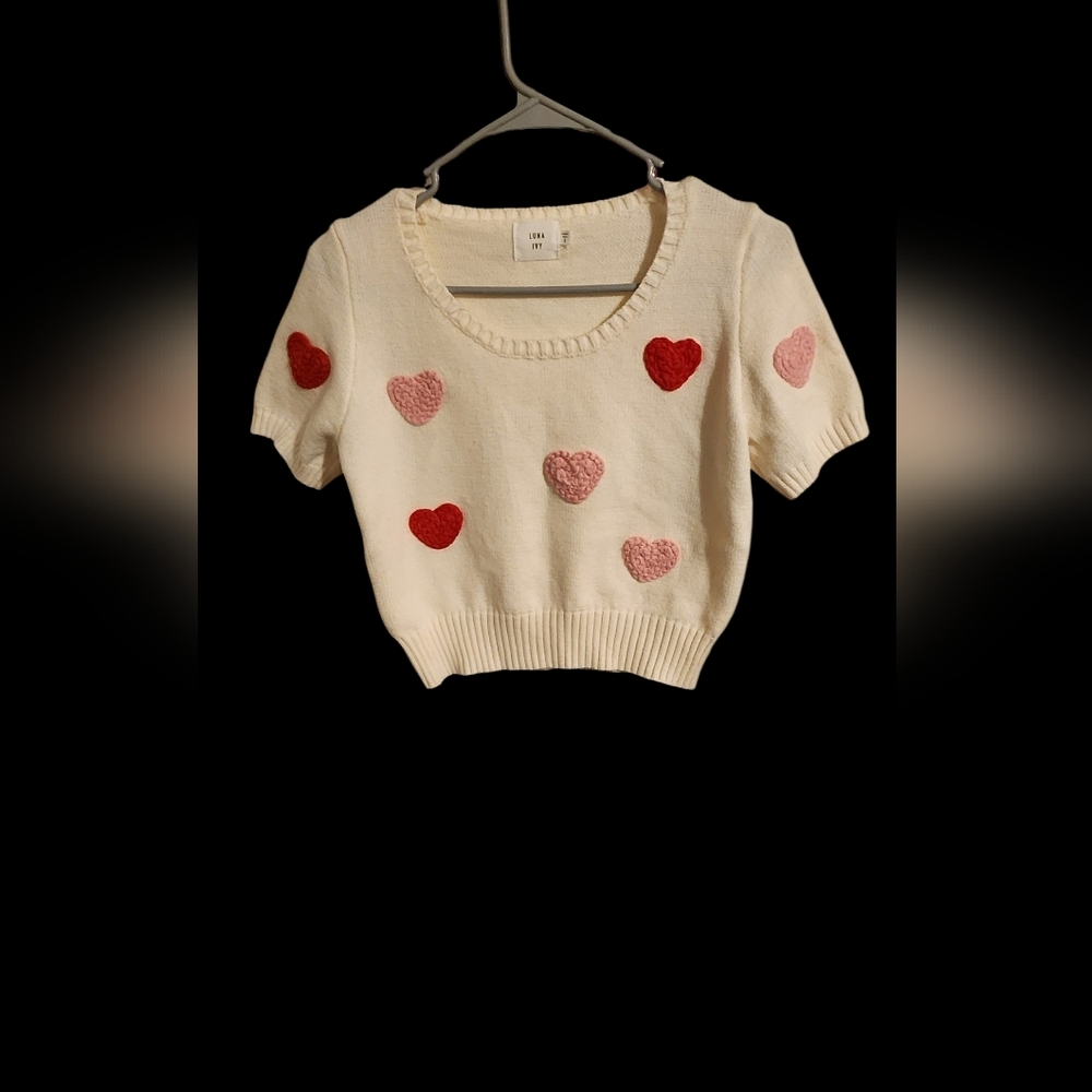 Heart Patterned Cream Knit Top
